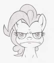 Size: 518x600 | Tagged: dead source, safe, artist:dfectivedvice, pinkie pie, g4, :c, >:c, female, grayscale, monochrome, solo, traditional art, unamused