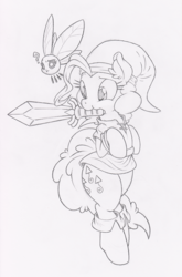 Size: 661x1000 | Tagged: safe, artist:dfectivedvice, pinkie pie, parasprite, g4, crossover, grayscale, link, monochrome, mouth hold, question mark, sword, the legend of zelda, traditional art