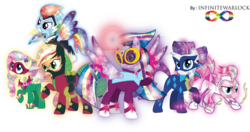 Size: 1024x540 | Tagged: safe, artist:infinitewarlock, applejack, fili-second, fluttershy, mistress marevelous, pinkie pie, radiance, rainbow dash, rarity, saddle rager, twilight sparkle, zapp, alicorn, pony, g4, power ponies (episode), crystallized, mane six, masked matter-horn costume, power ponies, rainbow power, simple background, this isn't even my final form, transparent background, twilight sparkle (alicorn)