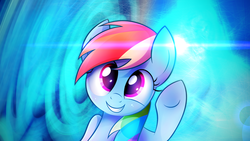 Size: 3840x2160 | Tagged: safe, artist:heavymetalbronyyeah, artist:zapplebow, rainbow dash, pegasus, pony, g4, female, high res, lens flare, looking at you, mare, smiling, solo, vector, wallpaper, waving