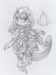 Size: 749x1000 | Tagged: safe, artist:dfectivedvice, octavia melody, earth pony, pony, g4, assassin's creed, bipedal, cosplay, female, grayscale, monochrome, solo, traditional art