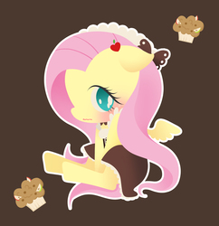 Size: 2791x2882 | Tagged: safe, artist:catseyeart, part of a set, fluttershy, g4, blushing, bow, clothes, dress, embarrassed, female, fluttermaid, food, hair bow, high res, maid, muffin, pixiv, solo