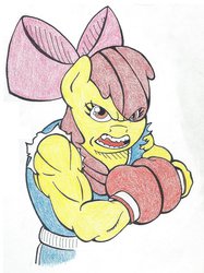 Size: 800x1069 | Tagged: safe, artist:dragonknight84, apple bloom, earth pony, anthro, g4, angry, apple brawn, balrog (street fighter), boxing gloves, colored pencil drawing, female, m. bison (japanese), muscles, solo, street fighter, traditional art