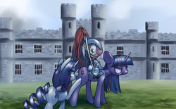 Size: 3236x2000 | Tagged: safe, artist:unousaya, rarity, spike, twilight sparkle, dragon, pony, g4, armor, dragons riding ponies, high res, riding, spike riding twilight, unamused