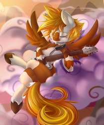 Size: 2261x2700 | Tagged: safe, artist:knifeh, oc, oc only, oc:khaos sparkz, pegasus, pony, coat markings, equine, guitar, high res, pinto, relaxed, solo