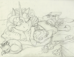 Size: 1439x1108 | Tagged: safe, artist:skybounddeos, opalescence, rarity, cat, g4, cute, monochrome, sketch, sleeping, tired, traditional art