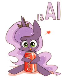 Size: 800x1000 | Tagged: safe, artist:joycall6, part of a set, princess luna, series:joycall6's periodic table, g4, :p, aluminium, aluminum, chemistry, coca-cola, cute, drink, ethereal mane, ethereal tail, female, filly, heart, licking lips, lunabetes, periodic table, sitting, soda, soda can, solo, tail, tongue out, woona, younger