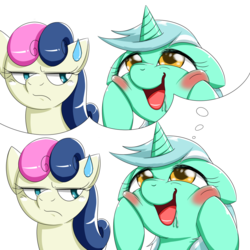 Size: 1000x1000 | Tagged: safe, artist:ushiro no kukan, bon bon, lyra heartstrings, sweetie drops, g4, bon bon is not amused, exploitable meme, lyra's thought meme, meme, recursion, thought bubble