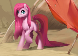 Size: 2800x2000 | Tagged: safe, artist:santagiera, pinkie pie, g4, desert, female, frown, high res, looking at you, outdoors, pinkamena diane pie, raised hoof, solo, standing