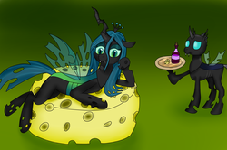 Size: 2359x1571 | Tagged: safe, artist:php101, queen chrysalis, changeling, g4, cheese, cheeselegs, prone, smiling, wine