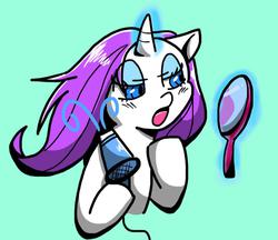 Size: 1024x884 | Tagged: safe, artist:asagi, rarity, g4, bipedal, bust, eyeshadow, female, flowing mane, glowing horn, hair dryer, horn, lidded eyes, magic, makeup, mirror, open mouth, simple background, solo, telekinesis