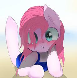 Size: 1024x1033 | Tagged: safe, artist:skippy_the_moon, pinkie pie, g4, blushing, clothes, cute, cuteamena, diapinkes, female, looking at you, one-piece swimsuit, pinkamena diane pie, solo, sukumizu, swimsuit