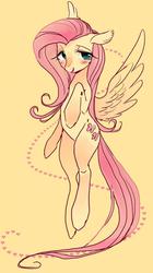 Size: 431x768 | Tagged: safe, artist:pasikon, fluttershy, pegasus, pony, g4, aside glance, blushing, female, floppy ears, heart, lidded eyes, looking at you, mare, raised hoof, simple background, smiling, solo, spread wings, three quarter view, wings, yellow background