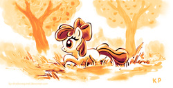 Size: 1000x512 | Tagged: safe, artist:kp-shadowsquirrel, apple bloom, g4, apple tree, female, prone, solo, tree