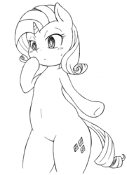 Size: 442x610 | Tagged: safe, artist:auntie_grub, rarity, pony, unicorn, g4, belly button, bipedal, female, grayscale, monochrome, simple background, solo