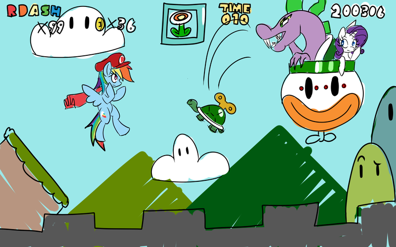 Safe Artist Acharmingpony Rainbow Dash Rarity Spike Robot Turtle Bowser Bowspike Cap Cape Clothes Cloud Crossover Fire Flower Hat Kidnapped Koopa Clown Car Mario Mario S Hat Mountain Power Up Spikezilla Super Mario