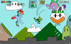 Size: 1920x1200 | Tagged: safe, artist:acharmingpony, rainbow dash, rarity, spike, robot, turtle, g4, bowser, bowspike, cap, cape, clothes, cloud, crossover, fire flower, hat, kidnapped, koopa clown car, male, mario, mario's hat, mountain, power-up, spikezilla, super mario bros., super mario world, timer