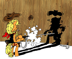 Size: 1637x1341 | Tagged: safe, artist:andreu-t, applejack, earth pony, pony, g4, bipedal, cigarette, crossover, female, gun, lucky luke, quick draw, shadow, smoking, solo, weapon