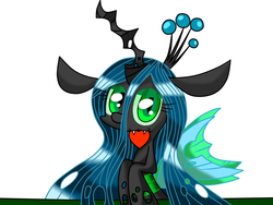 Size: 1600x1200 | Tagged: safe, artist:lovehtf421, queen chrysalis, changeling, changeling queen, g4, :3, cute, cutealis, fangs, female, heart, looking at you, mouth hold, simple background, smiling, solo