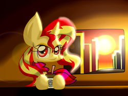 Size: 1600x1200 | Tagged: safe, artist:lovehtf421, sunset shimmer, pony, unicorn, g4, coffee, coffee mug, female, impossibly large ears, lens flare, solo, sun, sunshine shimmer, wrong eye color
