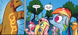 Size: 1400x640 | Tagged: safe, artist:andy price, artist:anonymous, edit, idw, official comic, applejack, fluttershy, pinkie pie, rainbow dash, spike, well-to-do, dragon, hydra, pony, g4, spoiler:comic, spoiler:comic28, comic, eaten alive, female, horrified, implied death, male, mare, multiple heads, predation, tongue out, vore