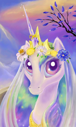 Size: 3000x5000 | Tagged: safe, artist:frostenstein, princess celestia, g4, ear fluff, female, floral head wreath, horn, horn ring, looking at you, ring, smiling, solo, uncanny valley, veil