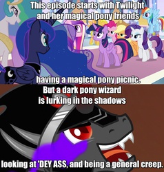 Size: 1142x1200 | Tagged: safe, applejack, fluttershy, king sombra, pinkie pie, princess cadance, princess celestia, princess luna, rainbow dash, rarity, twilight sparkle, alicorn, pony, g4, barbie games, creeper, dat ass, female, image macro, jontron, mare, meme, twilight sparkle (alicorn), voyeurism