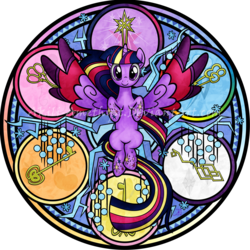 Size: 4500x4500 | Tagged: safe, artist:akili-amethyst, twilight sparkle, alicorn, pony, g4, twilight's kingdom, absurd resolution, colored wings, disney, dive to the heart, female, keys of harmony, kingdom hearts, mare, multicolored hair, multicolored wings, rainbow hair, rainbow power, rainbow power-ified, rainbow tail, rainbow wings, solo, spread wings, stained glass, twilight sparkle (alicorn), watermark, wings