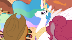 Size: 1366x768 | Tagged: safe, screencap, applejack, pinkie pie, princess celestia, alicorn, pony, g4, lesson zero, my little pony: friendship is magic, ethereal mane, female, looking down, mare, solo focus, spread wings, wings