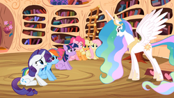 Size: 1366x768 | Tagged: safe, screencap, applejack, fluttershy, pinkie pie, princess celestia, rainbow dash, rarity, twilight sparkle, alicorn, earth pony, pegasus, pony, unicorn, g4, lesson zero, book, bookshelf, ethereal mane, female, golden oaks library, ladder, library, mane six, mare, spread wings, unicorn twilight, wings