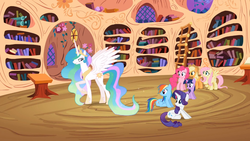 Size: 1366x768 | Tagged: safe, screencap, applejack, fluttershy, pinkie pie, princess celestia, rainbow dash, rarity, twilight sparkle, alicorn, earth pony, pegasus, pony, unicorn, g4, lesson zero, book, bookshelf, ethereal mane, female, golden oaks library, ladder, library, mane six, mare, sitting, spread wings, unicorn twilight, wings