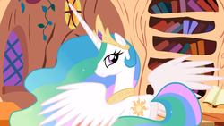 Size: 1366x768 | Tagged: safe, screencap, princess celestia, alicorn, pony, g4, lesson zero, bookshelf, butt, ethereal mane, female, looking over shoulder, mare, plot, solo, spread wings, wings