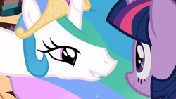 Size: 1366x768 | Tagged: safe, screencap, princess celestia, twilight sparkle, pony, g4, lesson zero, my little pony: friendship is magic, duo, ethereal mane, female, mare