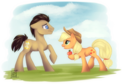 Size: 1024x705 | Tagged: safe, artist:wordswhisperer, applejack, doctor whooves, time turner, earth pony, pony, g4, apple, female, male, mare, ship:applewhooves, shipping, stallion, straight