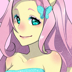 Size: 500x500 | Tagged: safe, artist:yuuabyss, fluttershy, equestria girls, g4, bare shoulder portrait, bare shoulders, bust, fall formal outfits, female, looking at you, portrait, preview, sleeveless, solo, strapless, wip