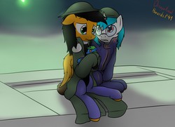Size: 1280x926 | Tagged: safe, artist:the-furry-railfan, oc, oc only, oc:minty candy, oc:twintails, cyborg, pegasus, pony, unicorn, fallout equestria, fallout equestria: occupational hazards, brodie helmet, clothes, crying, glasses, helmet, plushie, sad, tank (vehicle), traumatized