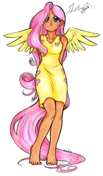 Size: 703x1200 | Tagged: safe, artist:aphexangel, artist:pony-darksun, fluttershy, human, g4, barefoot, blushing, clothes, colored, dress, feet, female, humanized, looking at you, nail polish, smiling, solo, tailed humanization, winged humanization