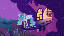 Size: 1366x768 | Tagged: safe, screencap, princess celestia, alicorn, pony, g4, lesson zero, balcony, ethereal mane, female, golden oaks library, looking up, mare, night, raised hoof, solo, spread wings, wings