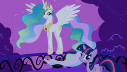 Size: 1366x768 | Tagged: safe, screencap, princess celestia, twilight sparkle, alicorn, pony, unicorn, g4, lesson zero, duo, ethereal mane, female, mare, railing, spread wings, unicorn twilight, wings