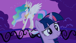 Size: 1366x768 | Tagged: safe, screencap, princess celestia, twilight sparkle, alicorn, pony, g4, lesson zero, duo, ethereal mane, female, mare, railing, raised hoof, spread wings, wings