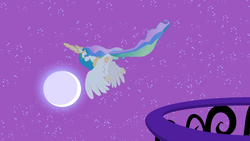 Size: 1366x768 | Tagged: safe, screencap, princess celestia, alicorn, pony, g4, lesson zero, ethereal mane, eyes closed, female, flying, mare, moon, night, solo, spread wings, wings