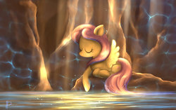 Size: 1024x644 | Tagged: safe, artist:rom-art, fluttershy, pegasus, pony, g4, eyes closed, female, resting, solo, water