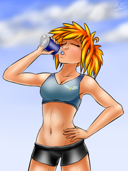 Size: 523x700 | Tagged: safe, artist:drizziedoodles, spitfire, human, g4, armpits, belly button, clothes, female, humanized, midriff, solo, sports bra