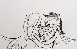Size: 2617x1675 | Tagged: safe, artist:glacierclear, fluttershy, rainbow dash, scootaloo, pegasus, pony, g4, blushing, eye clipping through hair, eyes closed, female, filly, foal, grayscale, hug, mare, monochrome, scootalove, sketch, smiling, spread wings, traditional art, wings