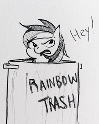Size: 1758x2198 | Tagged: safe, artist:glacierclear, rainbow dash, g4, angry, dialogue, female, hilarious in hindsight, monochrome, rainbow trash, sketch, solo, traditional art, trash, trash can