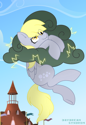Size: 1600x2339 | Tagged: safe, artist:daydreamsyndrom, derpy hooves, pegasus, pony, g4, cloud, cute, derpabetes, eye clipping through hair, female, hang in there, i just don't know what went wrong, lightning, mare, scrunchy face, solo, this will end in tears and/or death, town hall