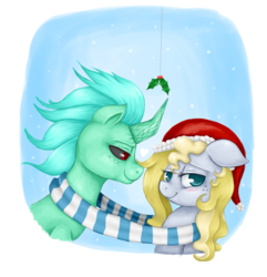 Size: 2600x2700 | Tagged: safe, artist:evomanaphy, oc, oc only, oc:emerald chord, oc:evo, earth pony, pony, unicorn, evorald, high res, holly, holly mistaken for mistletoe, shipping