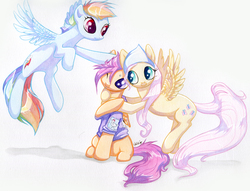 Size: 1200x917 | Tagged: safe, artist:mommashy, fluttershy, rainbow dash, scootaloo, pegasus, pony, g4, female, lesbian, scootalove, ship:flutterdash, shipping, simple background, traditional art, trio, white background