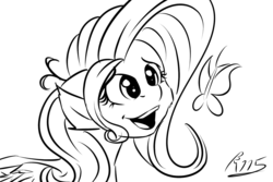 Size: 1280x853 | Tagged: safe, artist:drizziedoodles, fluttershy, butterfly, g4, female, filly, monochrome, sketch, solo, younger