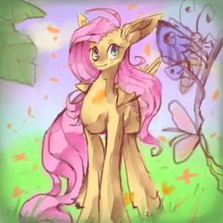 Size: 2000x2000 | Tagged: safe, artist:rumbletree6, fluttershy, butterfly, g4, female, folded wings, high res, looking at you, solo